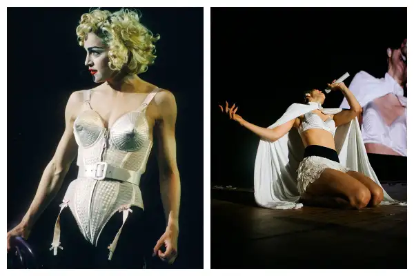 En esta imagen se compara a Madonna usando el bustier de Jean Paul Gaultier durante el Blond Ambition World Tour de 1990 y a Rosalía usando uno similar en el Lux Tour. 