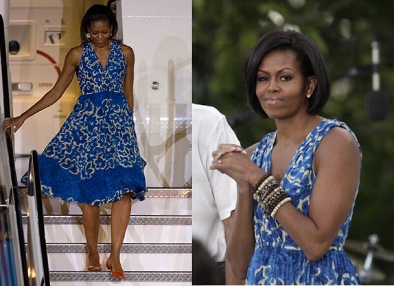 El vestido floreado le va bien a Michelle Obama.