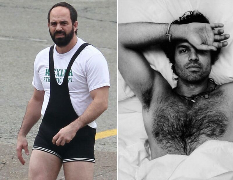 Mark Ruffalo en una de las escenas como peleador en la película Foxcatcher (izquierda).