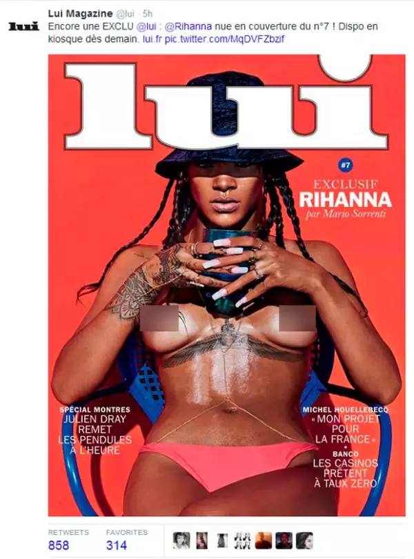 El Twitter de la revista Lui publicó la portada en la que aparecía Rihanna topless, pero como acto seguido su tuit fue censurado y la cuenta de la cantante bloqueada.