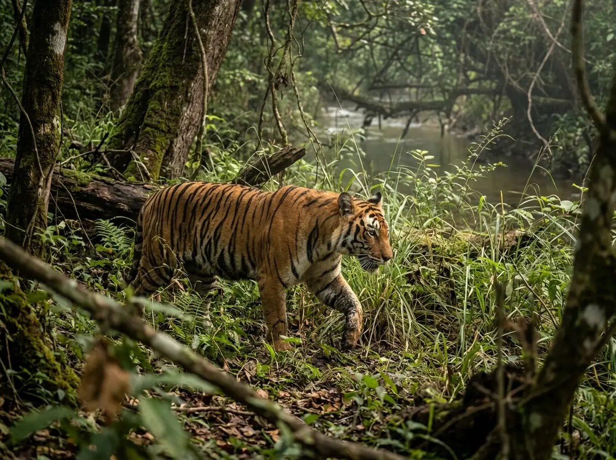 Un tigre caminando en medio de la selva con un arroyo detrás.