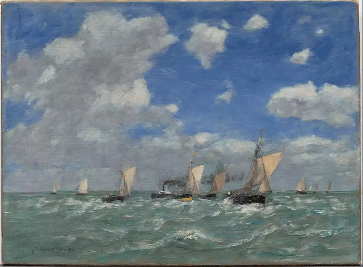 Foto del cuadro "Mar abierto" de Eugène–Louis Boudin, con embarcaciones de velas en el mar, un cielo azul intenso con nubes el mar en calma.