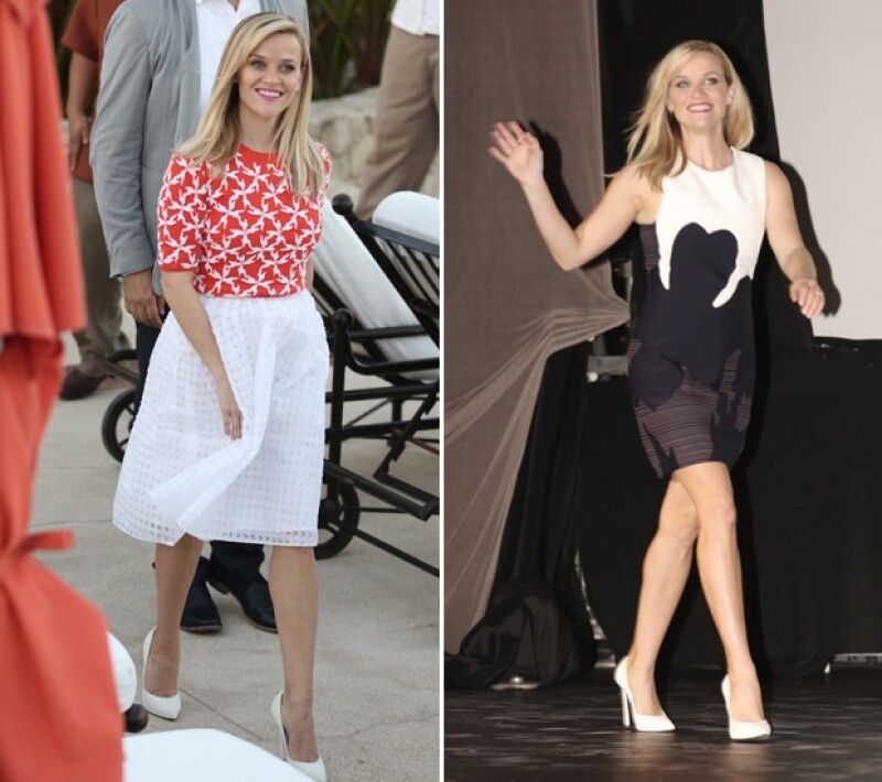 Reese se dejó ver con dos outfits diferentes; uno súper colorido por la tarde y el otro monocromático.