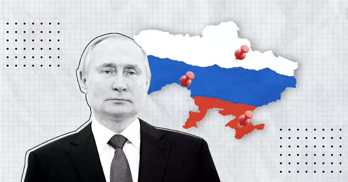 El presidente Rusia, Vladimir Putin, en un retrato en fondo y negro, con un mapara de Ucrania con los colores de la bandera de Rusia y tachuelas de fonda. 