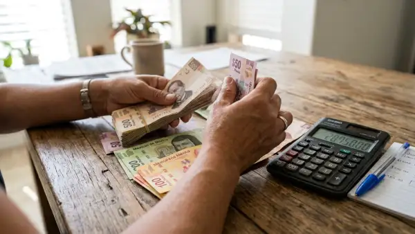 Closeup de las manos de una mujer contando billetes de pesos mexicanos. Las denominaciones son: 50, 100, 200 y 500 pesos.