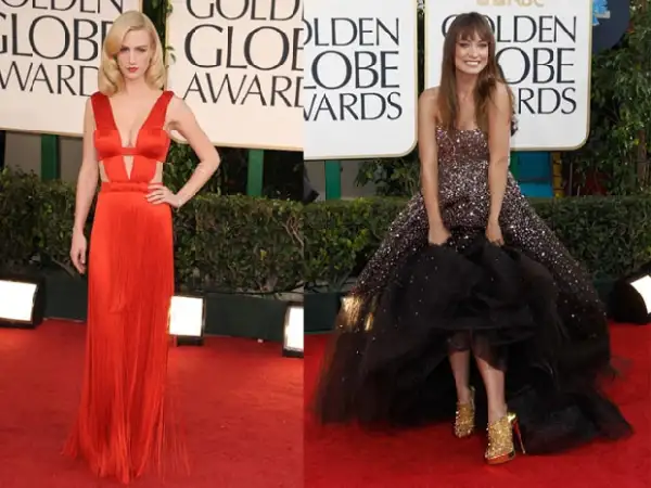 January Jones acertó a pesar de su outfit tan arriesgado. Olivia Wilde (der) fue una de las primeras en llegar.