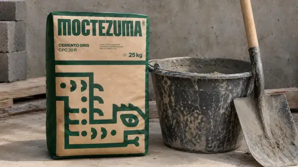 Bulto de cemento de la marca Moctezuma en una construcción, al lado se ve una cubeta con cemento y una pala. 