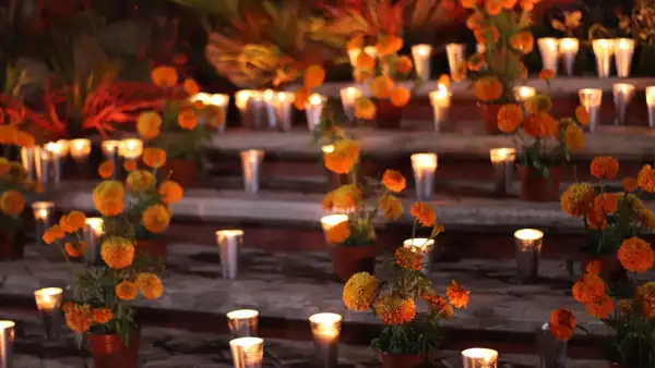 Ofrenda de día de muertos con flor de cempasúchil y celas blancas