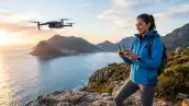 Mujer vuela un dron cerca del mar, entre las montañas, para obtener un clip de video para redes sociales.