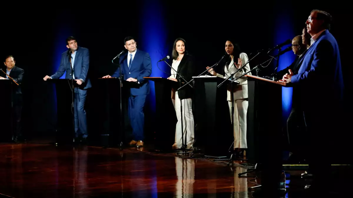 Maria Corina Machado, candidate of the Vente party, Tamara Adrian, candidate of the Unidos por la Dignidad party, Andres Caleca, candidate of the Movimiento por Venezuela party, Cesar Perez Vivas, candidate of the Centro Democratico party, Carlos Prosperi, candidate of the Accion Democratica party, Delsa Solorzano, candidate of the Encuentro Ciudadano party, Freddy Superlano,