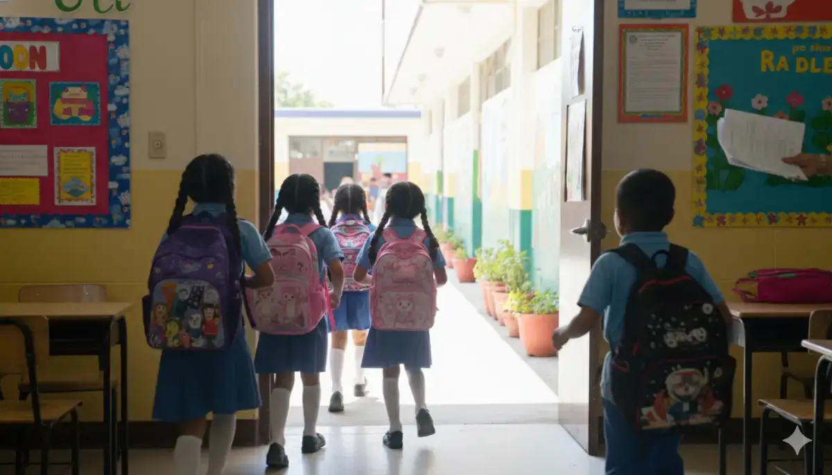 Niños y niñas saliendo de su salón de clases al patio