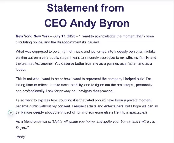 Disculpa de Andy Byron CEO de Astronomer tras ser exhibido en concierto de Coldplay