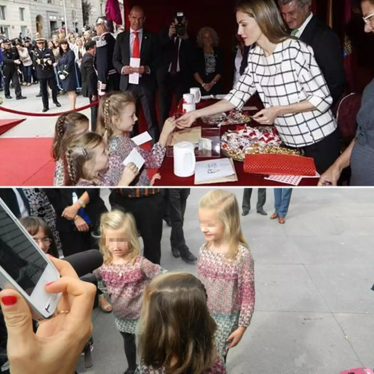 Estas pequeñitas vestidas y peinadas como la princesita de Asturias y la infanta Sofía se acercaron a saludar a la reina en `El día de la banderita´.