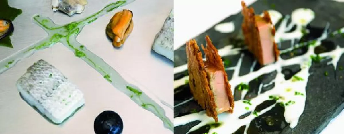Pescado con mejillones y espuma de wasabe; terrina de foie gras cremosamente ácida.