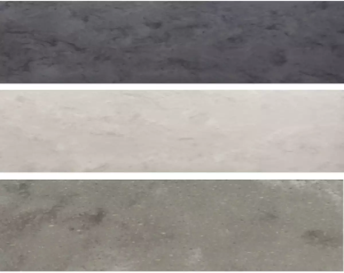  Colores de la Colección Aggregate de Corian® Solid Surface. De arriba hacia abajo: Carbon Aggregate; Neutral Aggregate y Ash Aggregate. 