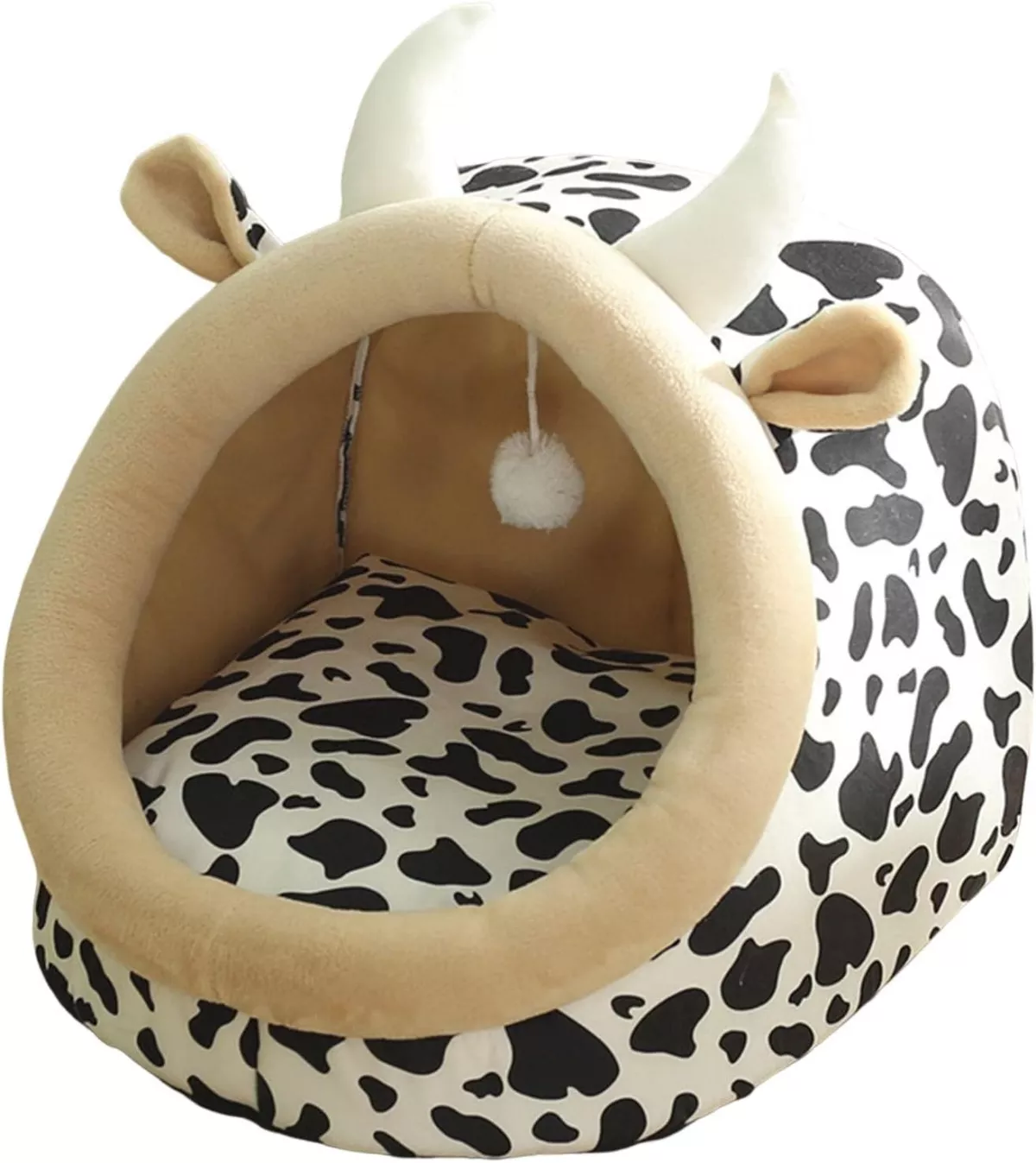 Algunos modelos de camas tipo cueva para perros son tiernos como este de vaquita.