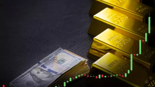 Gold bars and fiat money 100 Dollar note Doji candlestick