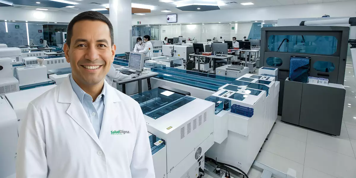 fotografía de un profesional de la salud posando ante las instalaciones de un servicio hospitalario en el que se ven equipos médicos y personal médico de fondo.