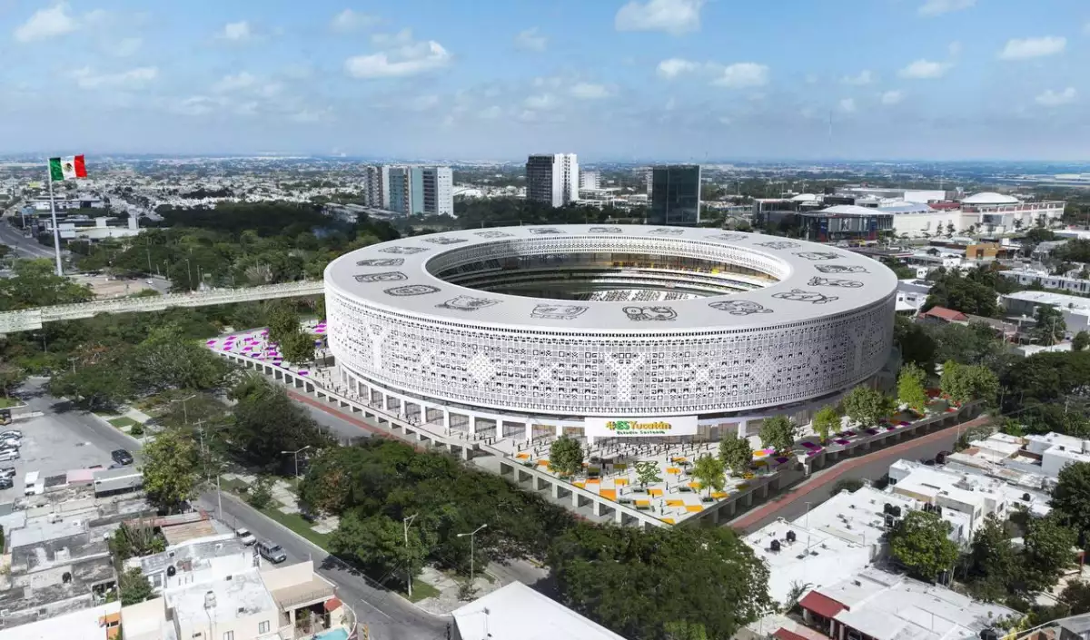 Render del Estadio Sostenible de Mérida, Yucatán. Cuenta con una estructura en forma de aro y es totalmente blanco. 