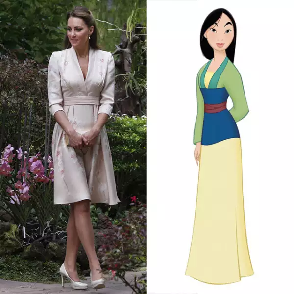 Las líneas simples de este look Jenny Packhman que Kate usó en su visita al Jardín Botánico de Singapur en 2012, nos remiten al estilo de Mulán.