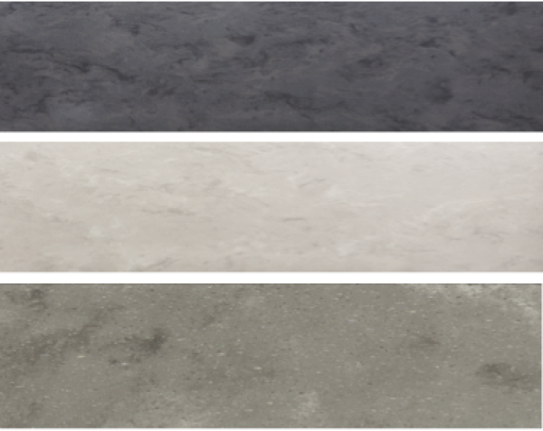Colores de la Colección Aggregate de Corian® Solid Surface. De arriba hacia abajo: Carbon Aggregate; Neutral Aggregate y Ash Aggregate.