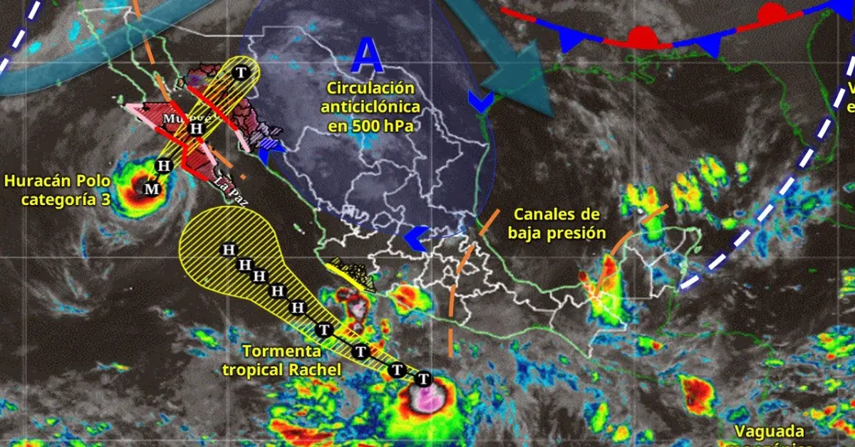 Mapa satelital de México con nubes y señales rojas, verdes y amarillas del huracán Polo, tormenta tropical Rachel.jpg