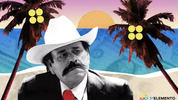 El senador de Morena Armando Guadiana en un foto arte donde hay una playa y palmeras