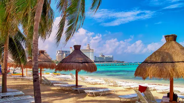 Panoramic beach scene in Cancun, Mexico.