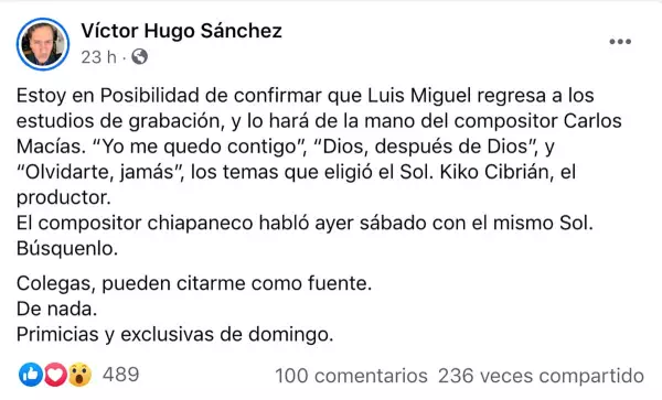 Este es el anuncio que el periodista Víctor Hugo Sánchez dio sobre el supuesto nuevo disco de Luis Miguel.