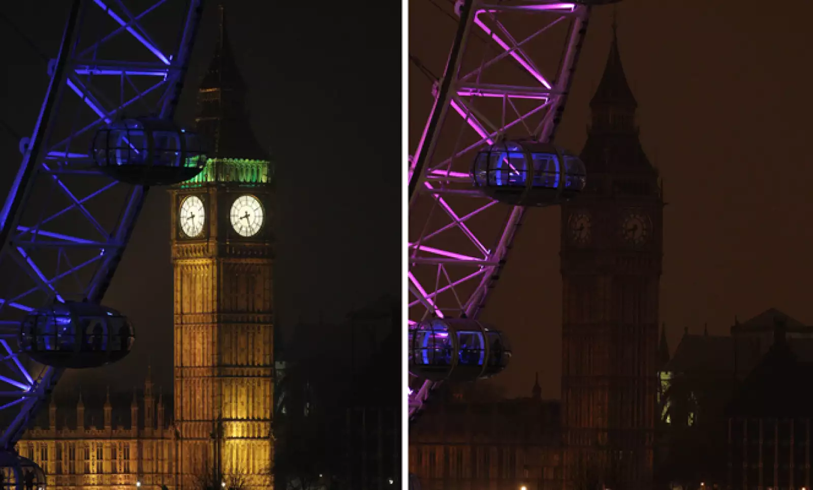 Parte de la Torre Isabel, que alberga el Big Ben en la Cámara del Parlamento de Londres. La iniciativa busca llamar la atención sobre el cambio climático.