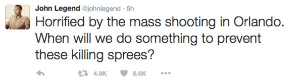 John Legend también tuiteó sobre los peligros de las armas en la sociedad.