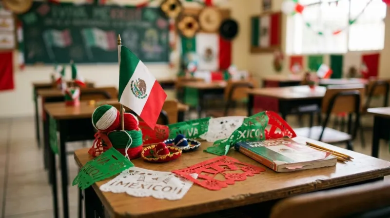 Un pupitre con decoraciones de México por la independencia del país, sobre él hay una bandera miniatura de México, papel picado color verde, blanco y rojo, y dos pequeños sombreros de mariachi, en un salón de clases también decorado. 
