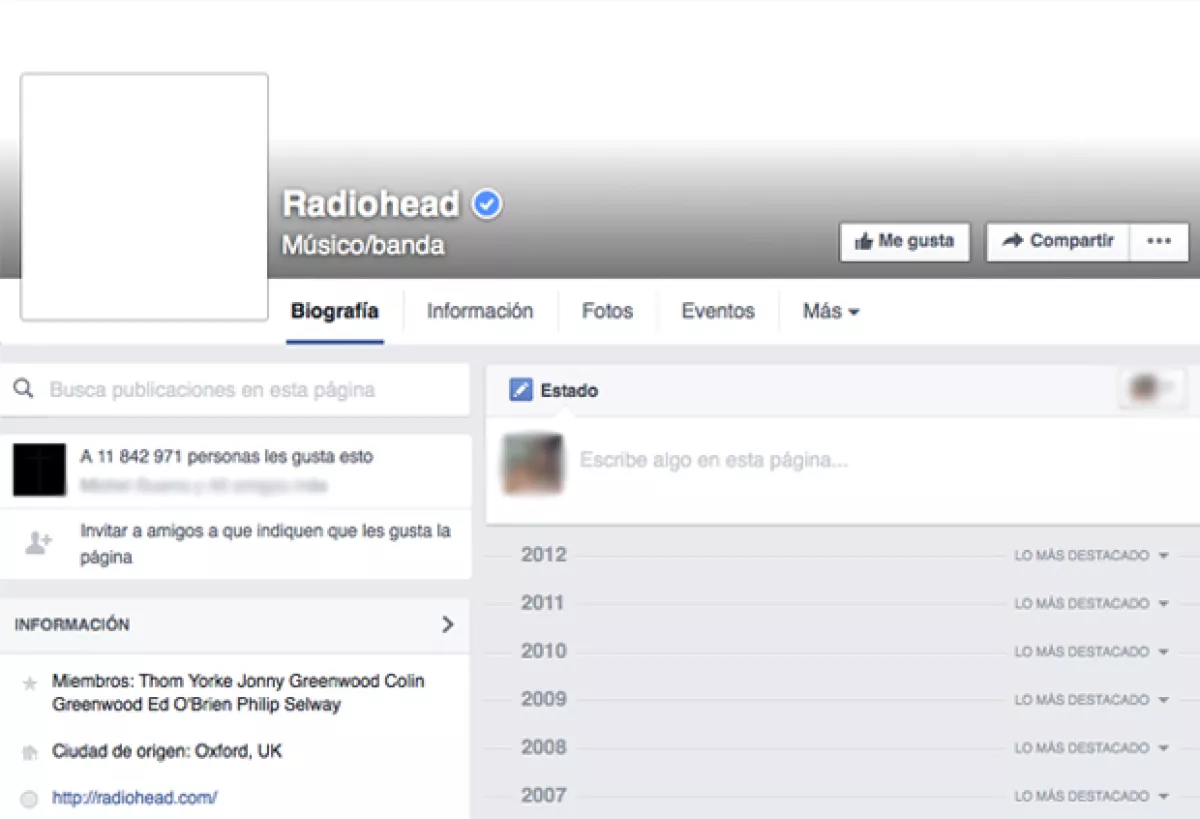 Así luce la fan page de Radiohead.