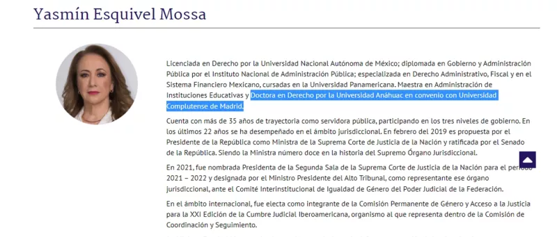 La biografía disponible en el portar de la SCJN apunta que la ministra es "Maestra en Administración de Instituciones Educativas y Doctora en Derecho por la Universidad Anáhuac en convenio con Universidad Complutense de Madrid". Foto: Captura de pantalla