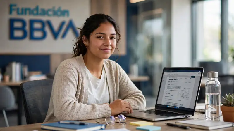 Una mujer joven frente a su computadora realizando su solicitud para la beca de BBVA.