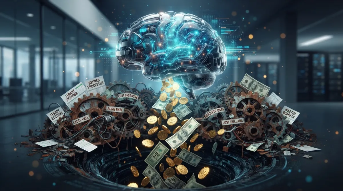 Imagen de un cerebro compuesto por cables y chips en representación de una IA desplifarrando el dinero a través de procesos operativos de una empresa.