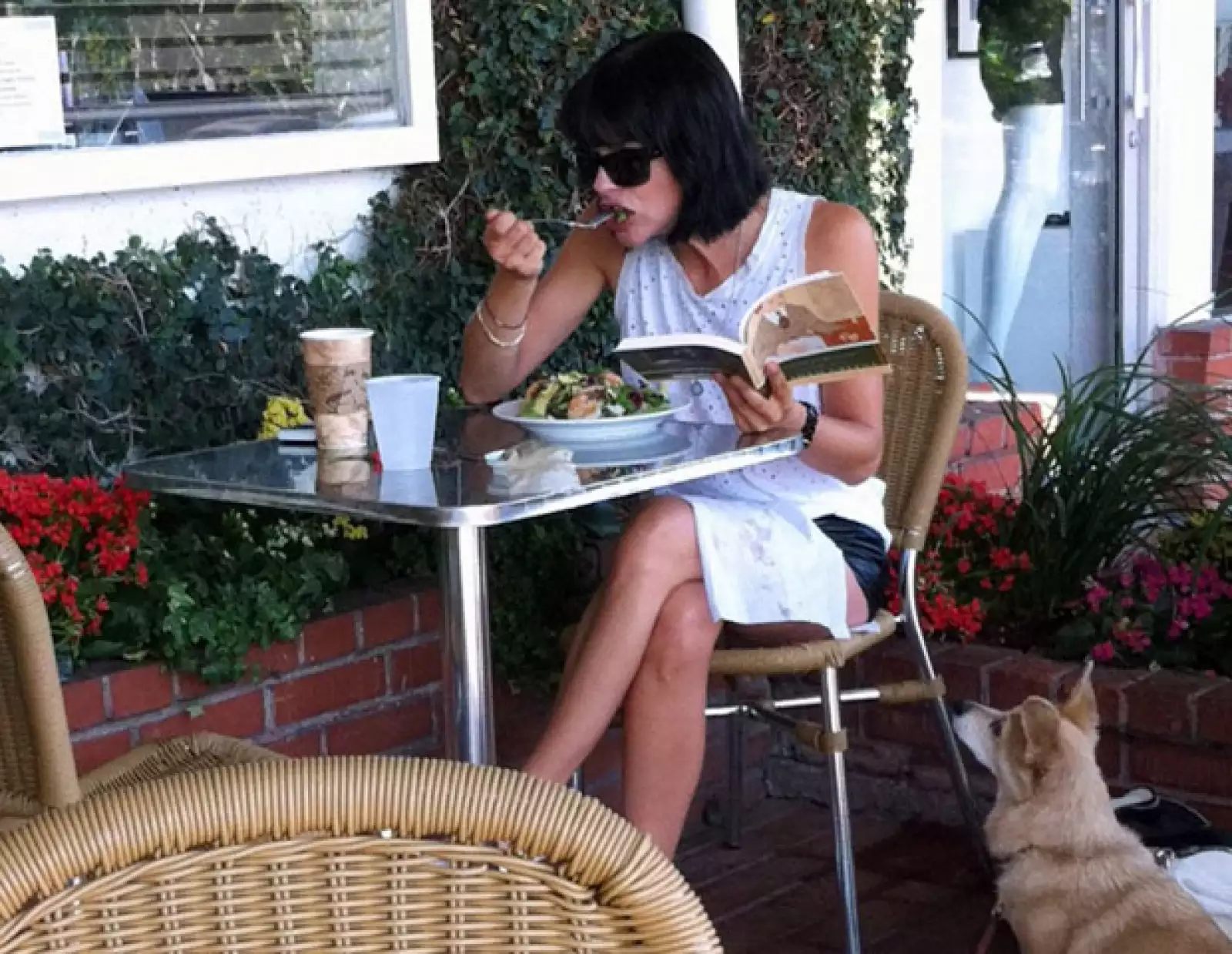 A la bella actriz Selma Blair le gusta comer mientras lee un libro y está acompañada de su linda mascota.