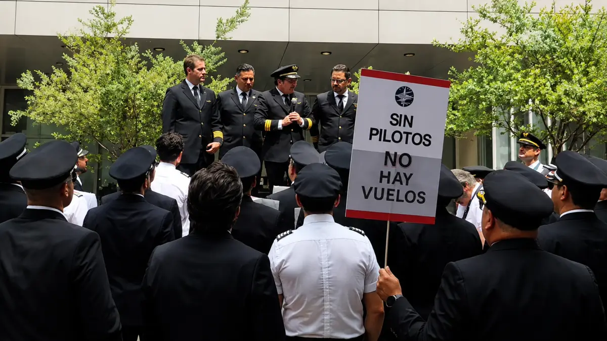 Espaldas de hombres con trajes  y gorras de capitanes. Un letrero que dice: sin pilotos no hay vuelos.jpg