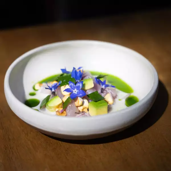 foto de un plato redondo y hondo con ceviche, una salsa verde, aguacate y flores púrpuras