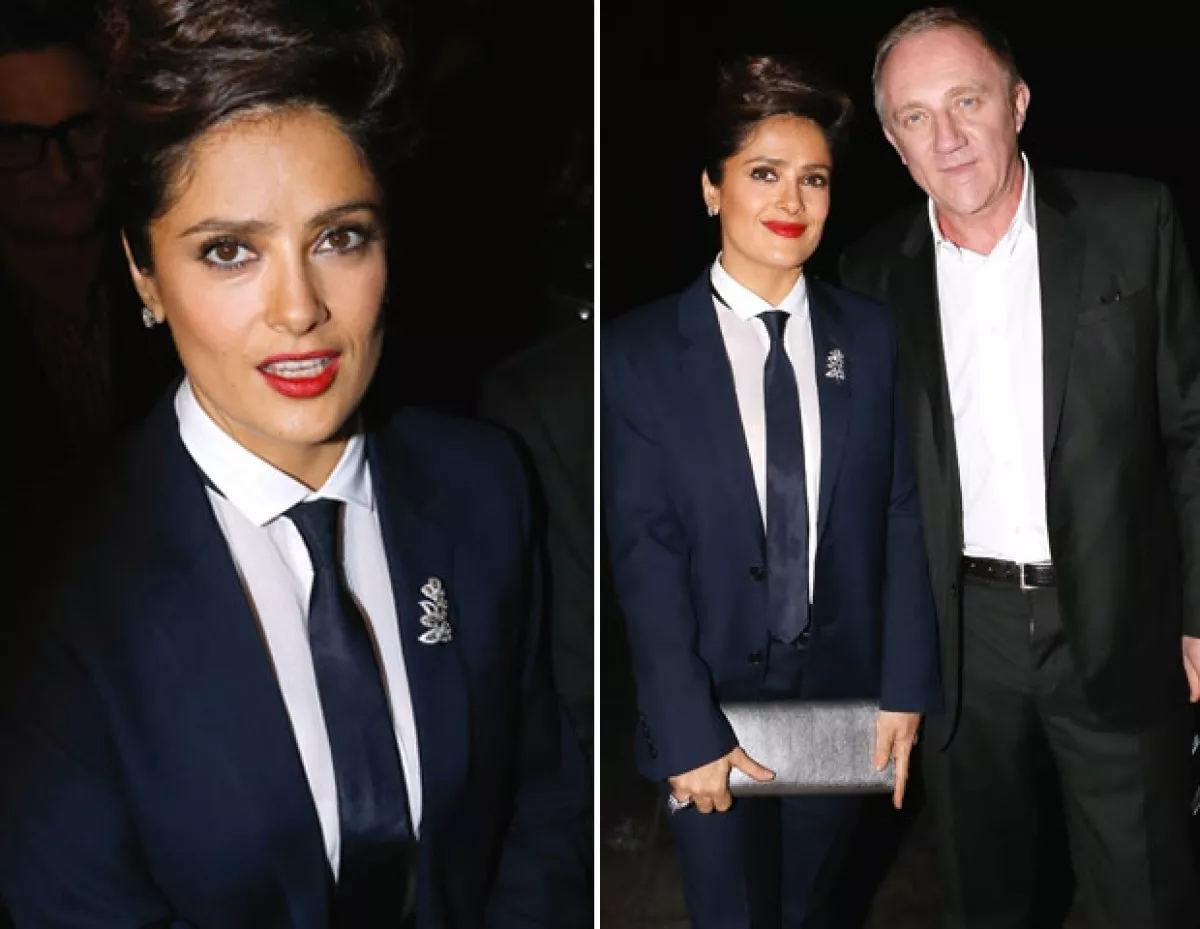 Salma lució un peinado alto que añadió glamour a su outfit.