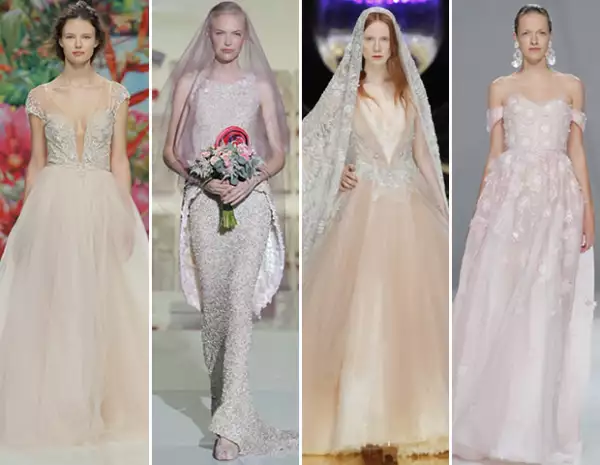 Los vestidos con toques rosas o total look en este tono es de los más presentes en pasarela. En foto las propuestas de Galia Lahav, Jesús Peiró, Yolan Cris, Naeem Khan.