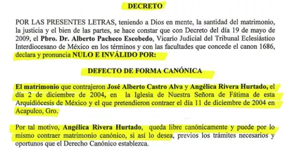 Documento que constata que el matrimonio religioso de Angélica Rivera y El Güero Castro está anulado.