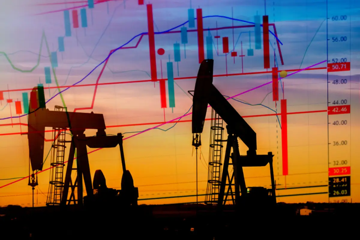 Gráficos de velas con pozos petroleros de fondo.