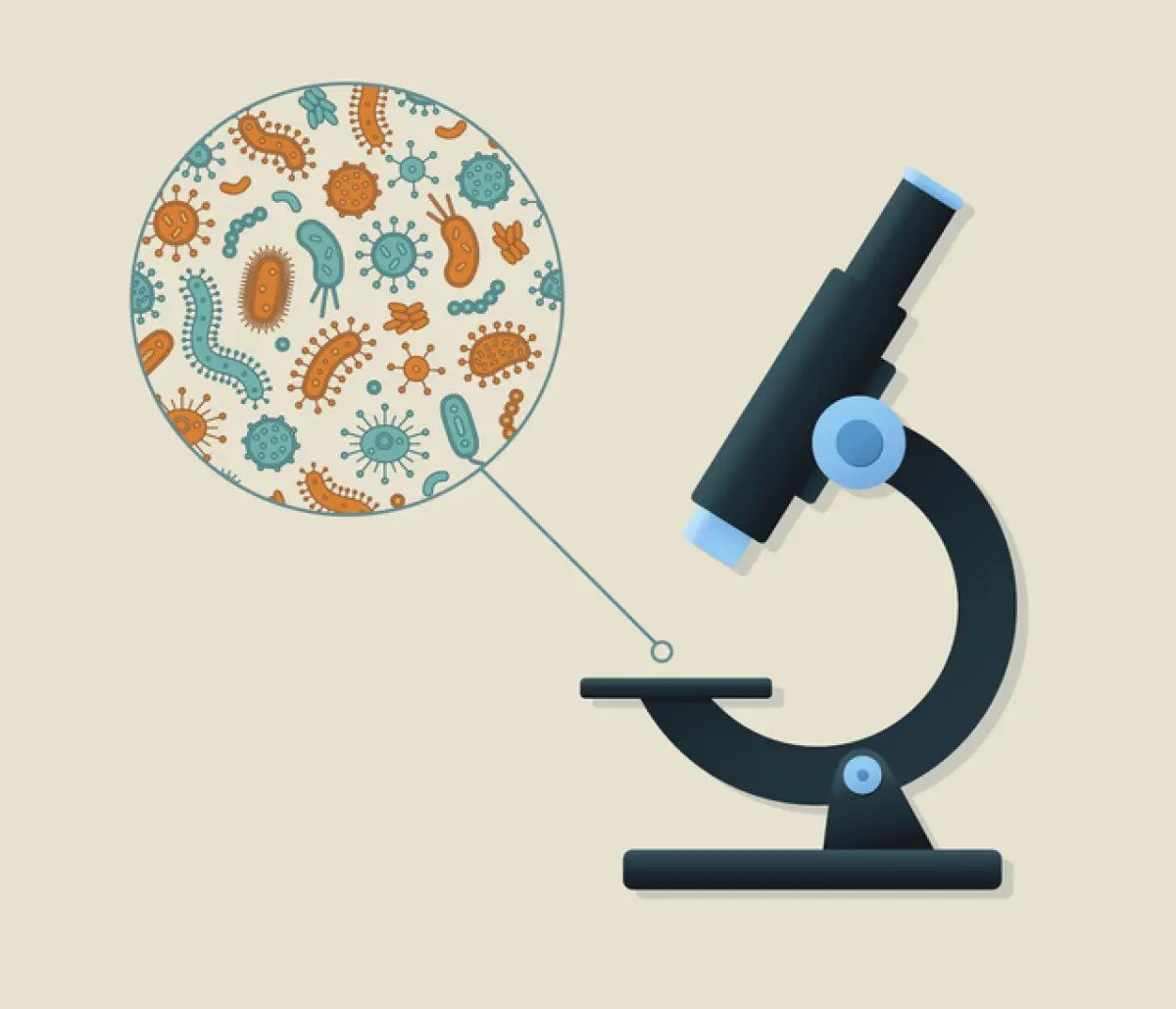 Green and orange germs being viewed by a microscope