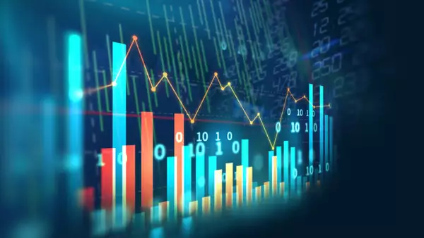 stock market investment graph with indicator and volume data.