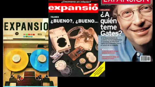 La primera portada se ilustró con la imagen de dos bobinas de una máquina de IBM. Desde entonces Expansión ha tenido como prioridad la innovación de la tecnología, como se ve en estas otras portadas, de 1991 y 2000.