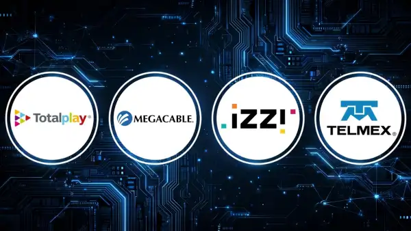 Logos de Izzi, Telmex, Totalplay y Megacable en círculos sobre un fondo azul.