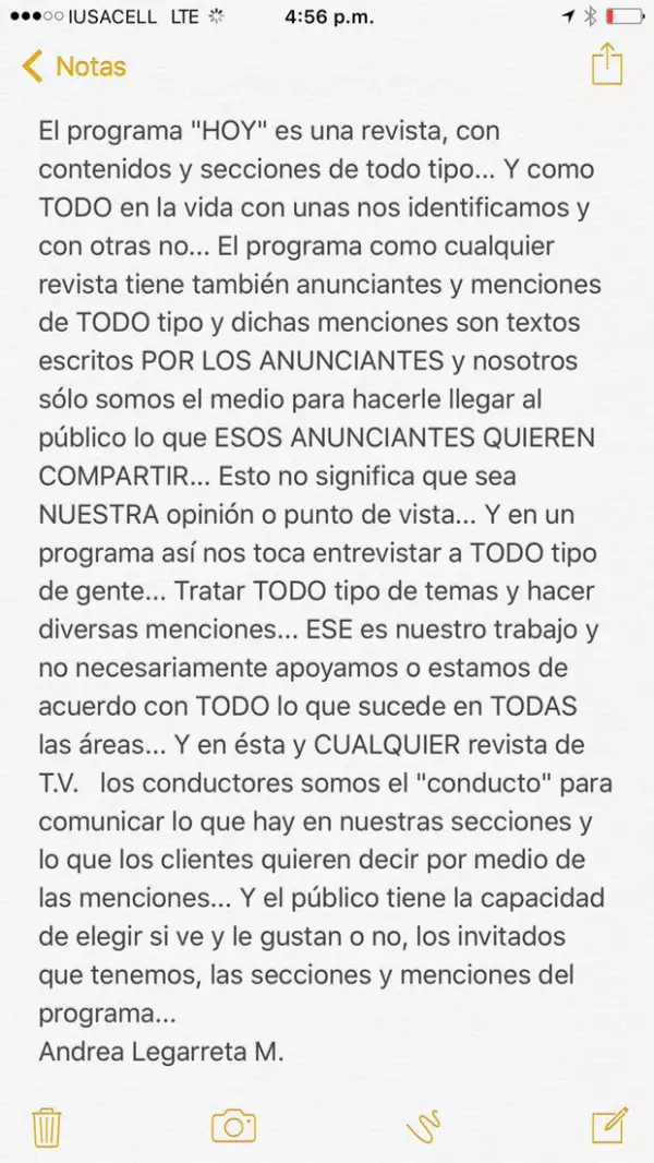 El comunicado que Andrea Legarreta publicó a través de sus redes, mismo que tuvo que borrar debido a las críticas que generó.
