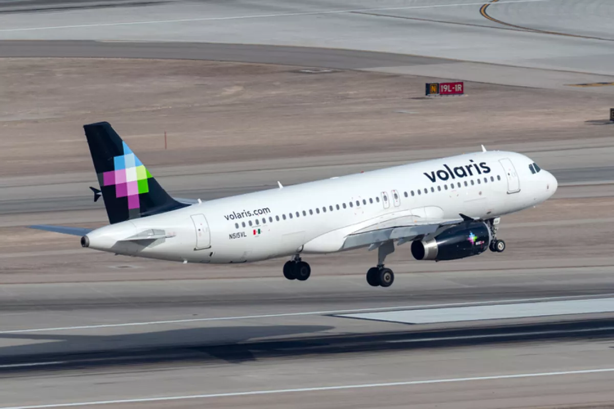 Volaris Airbus A320 airliner landing at McCarran International Airport.