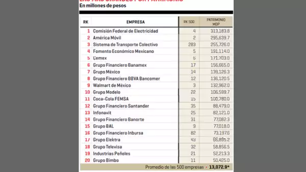Comisión Federal de Electricidad y América Móvil son las compañías mexicanas más grandes de acuerdo a su patrimonio.